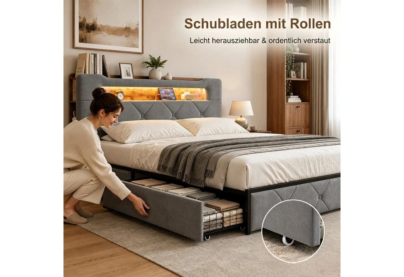 Simurq Polsterbett 140x200cm mit LED, Stauraum und 4 Schubladen - Bild 4