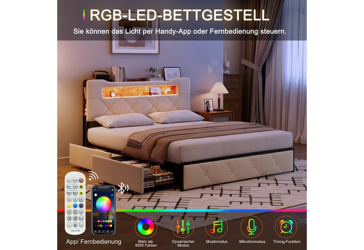 Simurq Polsterbett 140x200cm Stauraumbett mit LED und 4 Schubladen - Bild 3