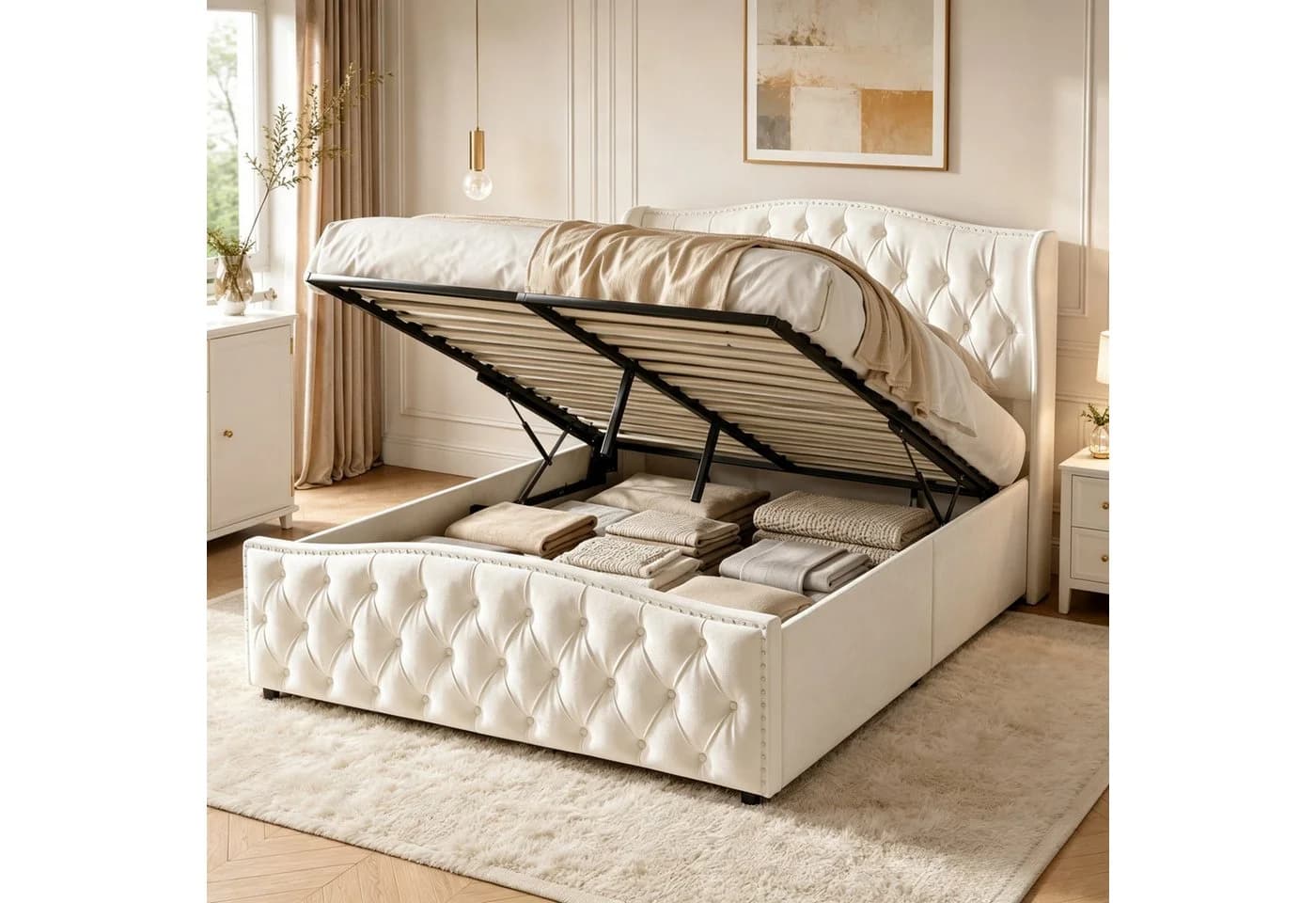 Simurq Polsterbett 140x200cm mit Stauraum Grau/Beige Samt