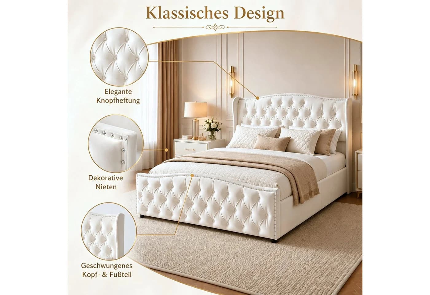 Simurq Polsterbett 140x200cm mit Stauraum Grau/Beige Samt - Bild 3