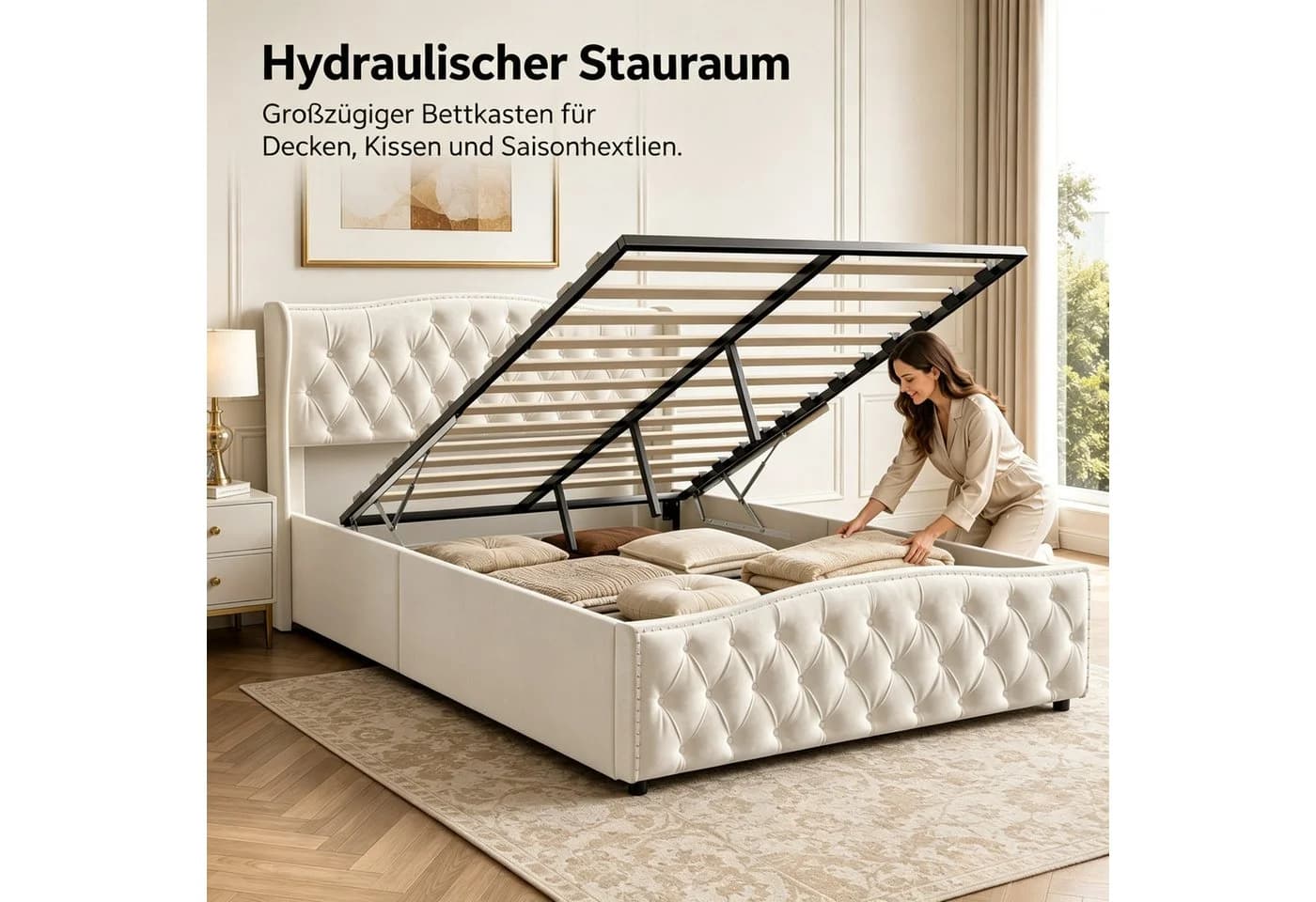 Simurq Polsterbett 140x200cm mit Stauraum Grau/Beige Samt - Bild 5