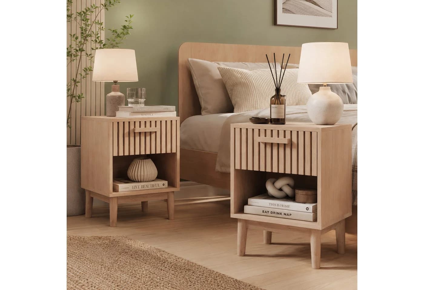 Simurq Nachttisch 2er Set Braun Holzmaserung mit Schublade - Bild 2