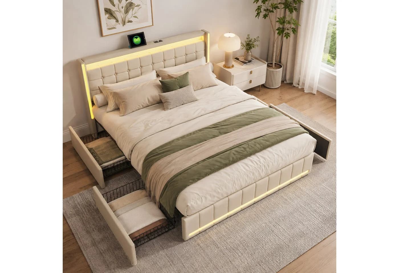 Simurq Polsterbett 140x200 cm mit LED, Schubladen & USB