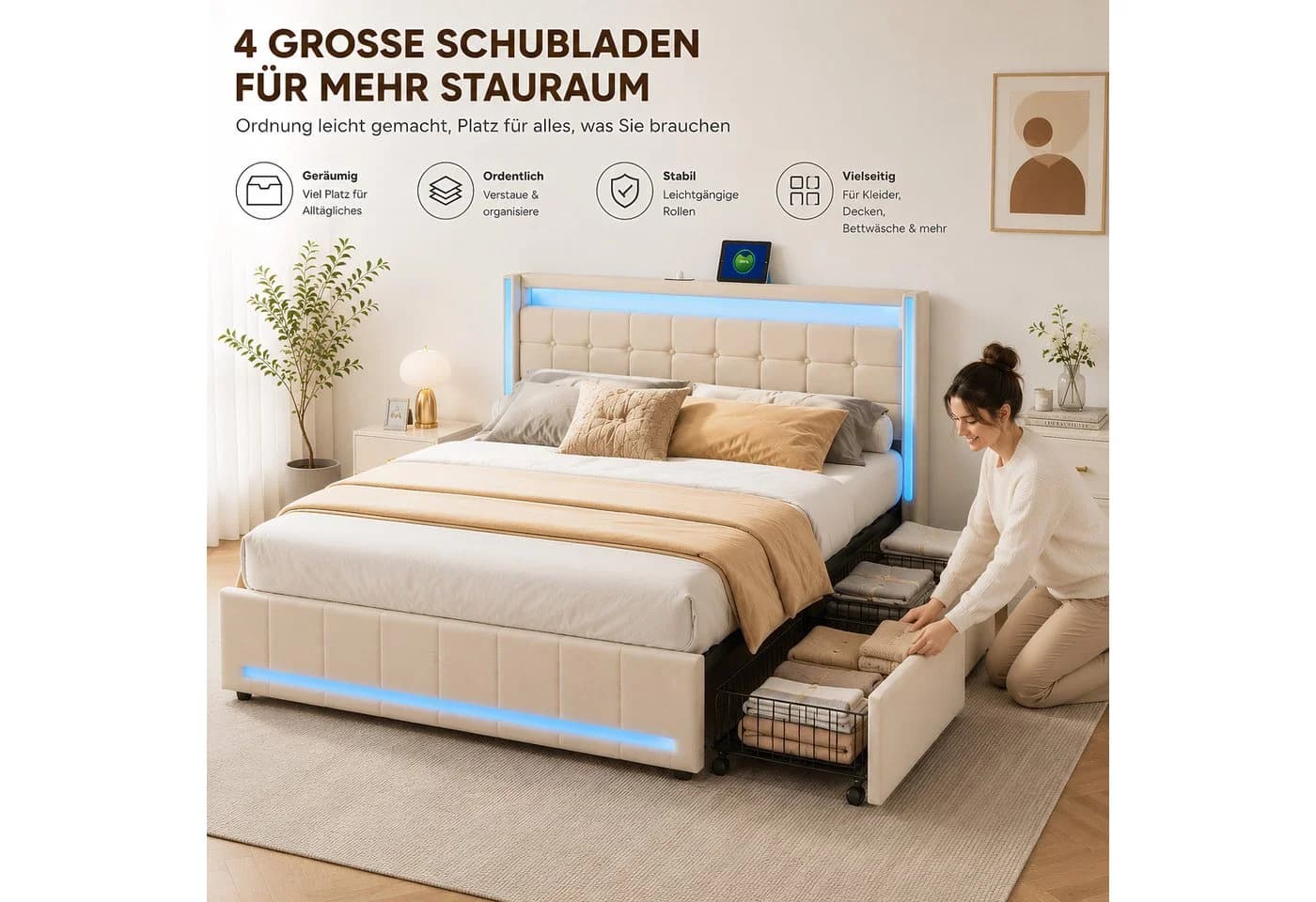 Simurq Polsterbett 140x200 cm mit LED, Schubladen & USB - Bild 4