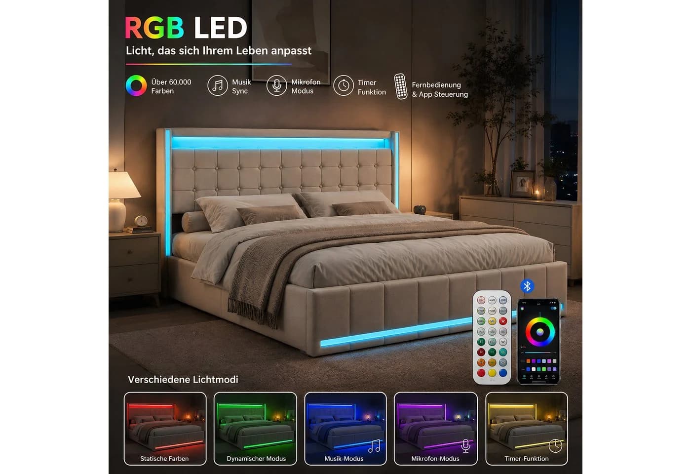 Simurq Polsterbett 140x200 cm mit LED, Schubladen & USB - Bild 5