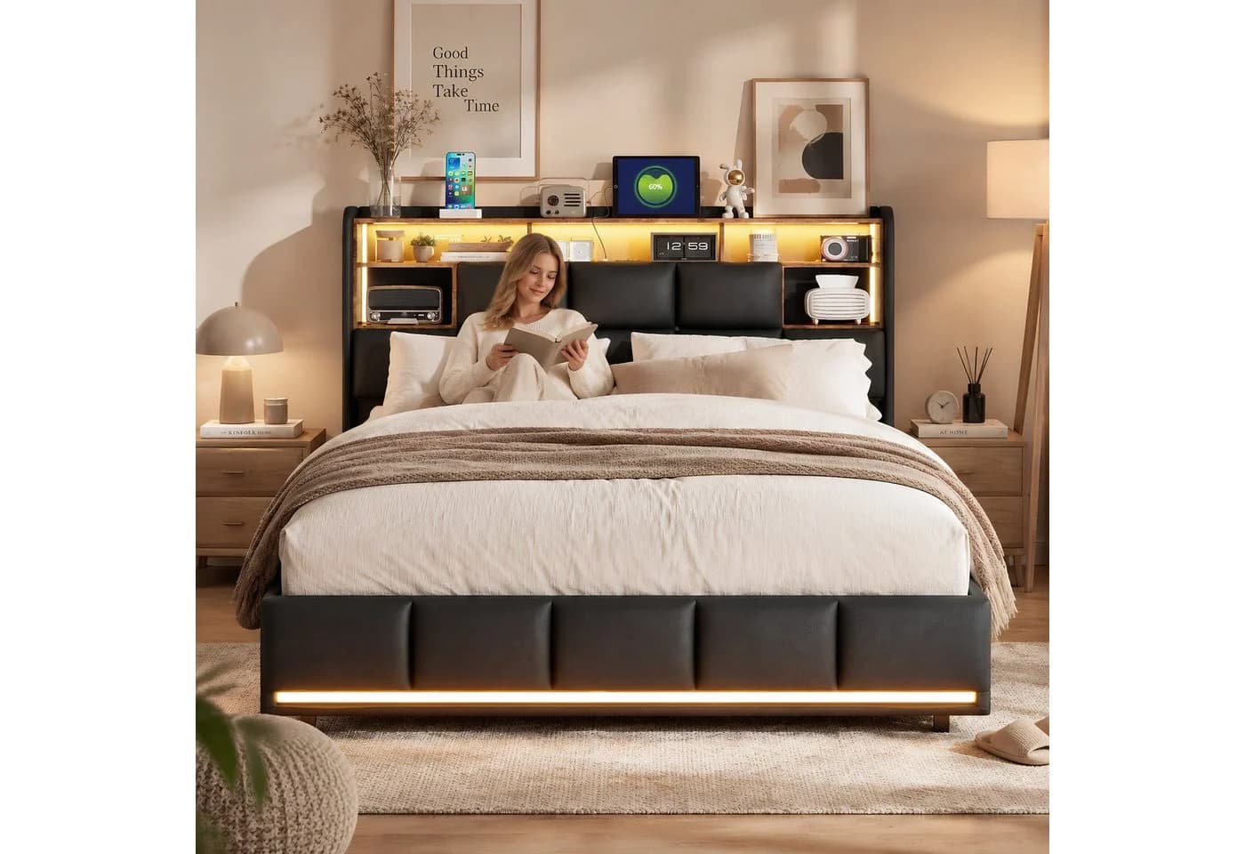 Simurq Polsterbett Stauraumbett Schwarz mit LED und Ladestation