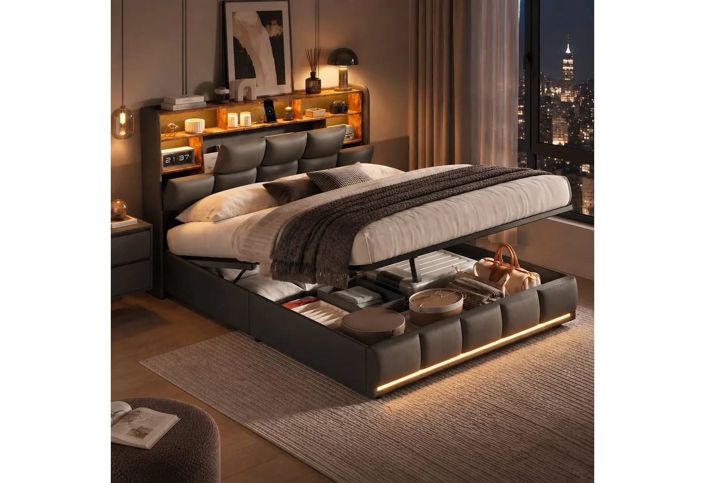 Simurq Polsterbett Stauraumbett Schwarz mit LED und Ladestation - Bild 2