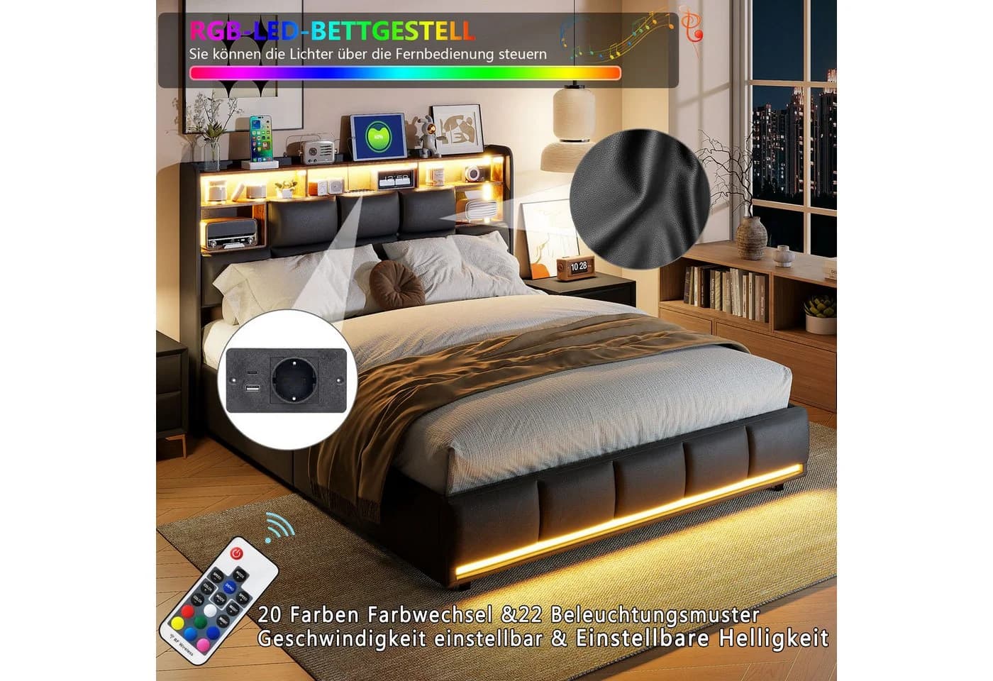 Simurq Polsterbett Stauraumbett Schwarz mit LED und Ladestation - Bild 4
