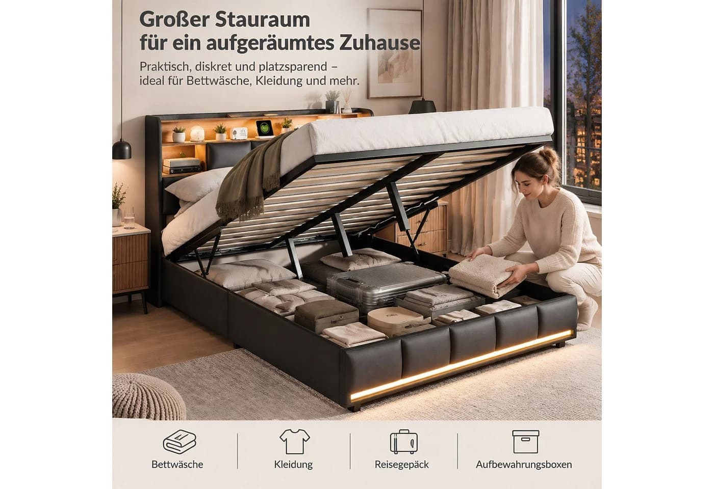Simurq Polsterbett Stauraumbett Schwarz mit LED und Ladestation - Bild 5