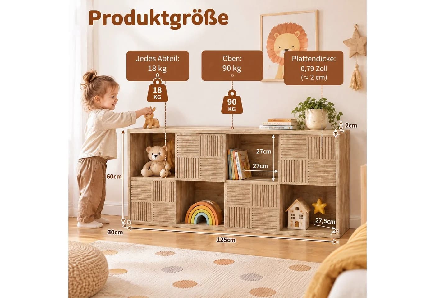 Simurq Kinderregal mit 8 Fächern & 4 Türen, Weiß/Schwarz/Natur