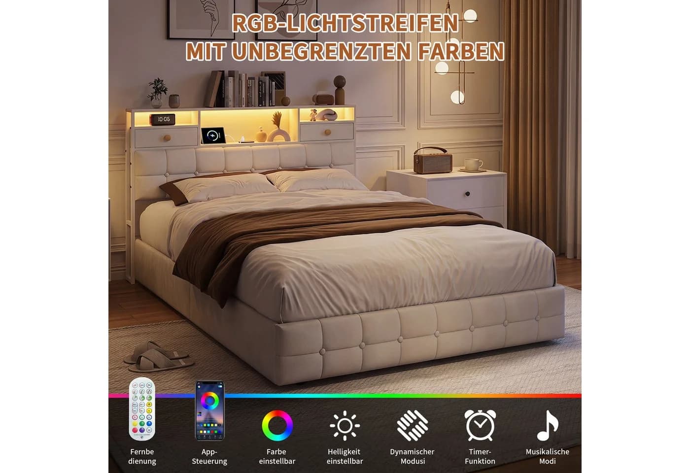 Simurq Samt Polsterbett 140x200cm mit LED, Stauraum & Schubladen - Bild 3