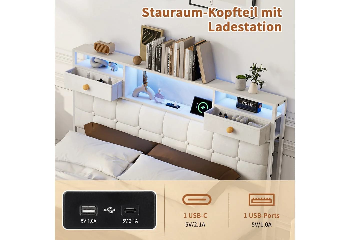 Simurq Samt Polsterbett 140x200cm mit LED, Stauraum & Schubladen - Bild 4
