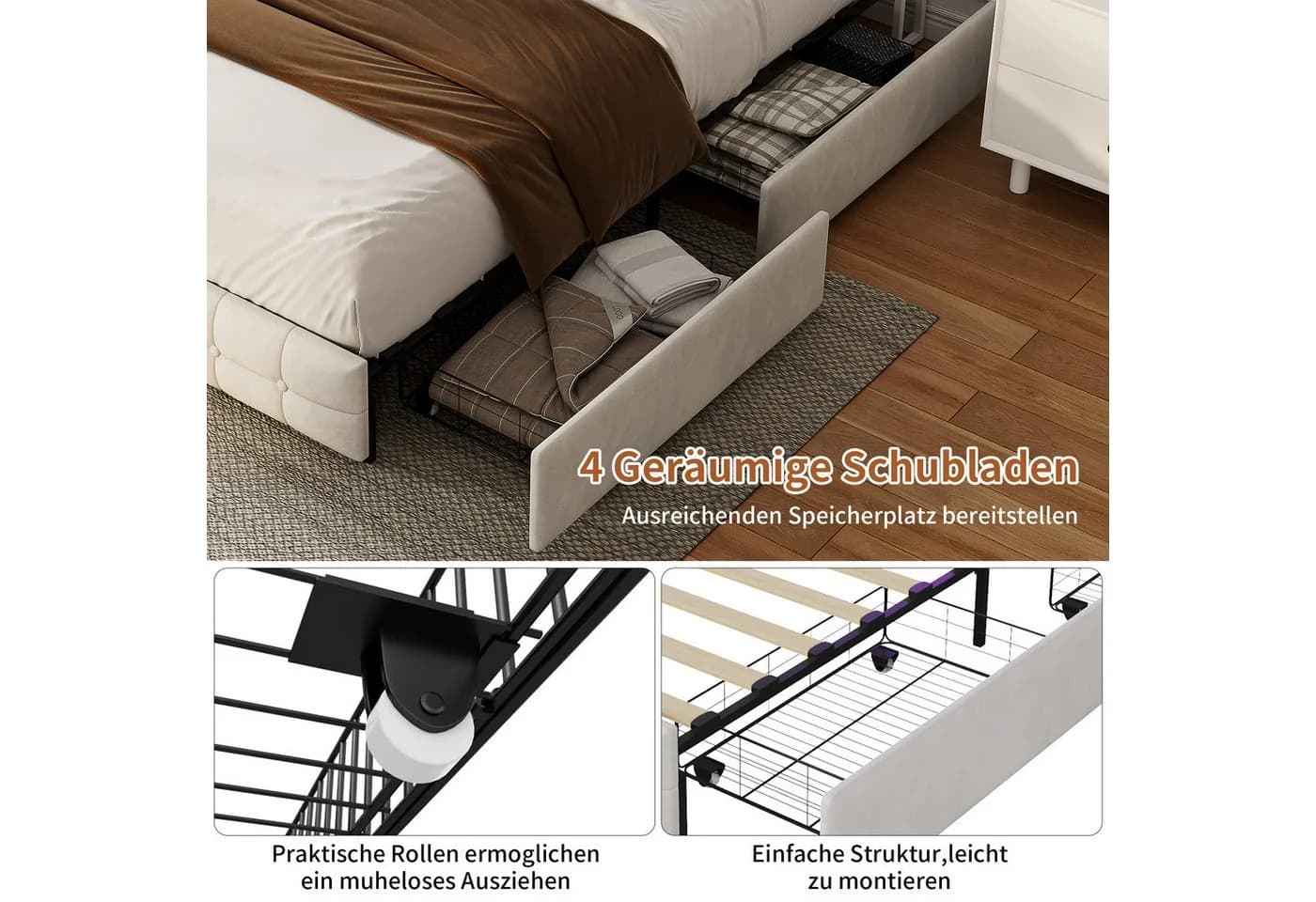 Simurq Samt Polsterbett 140x200cm mit LED, Stauraum & Schubladen - Bild 5
