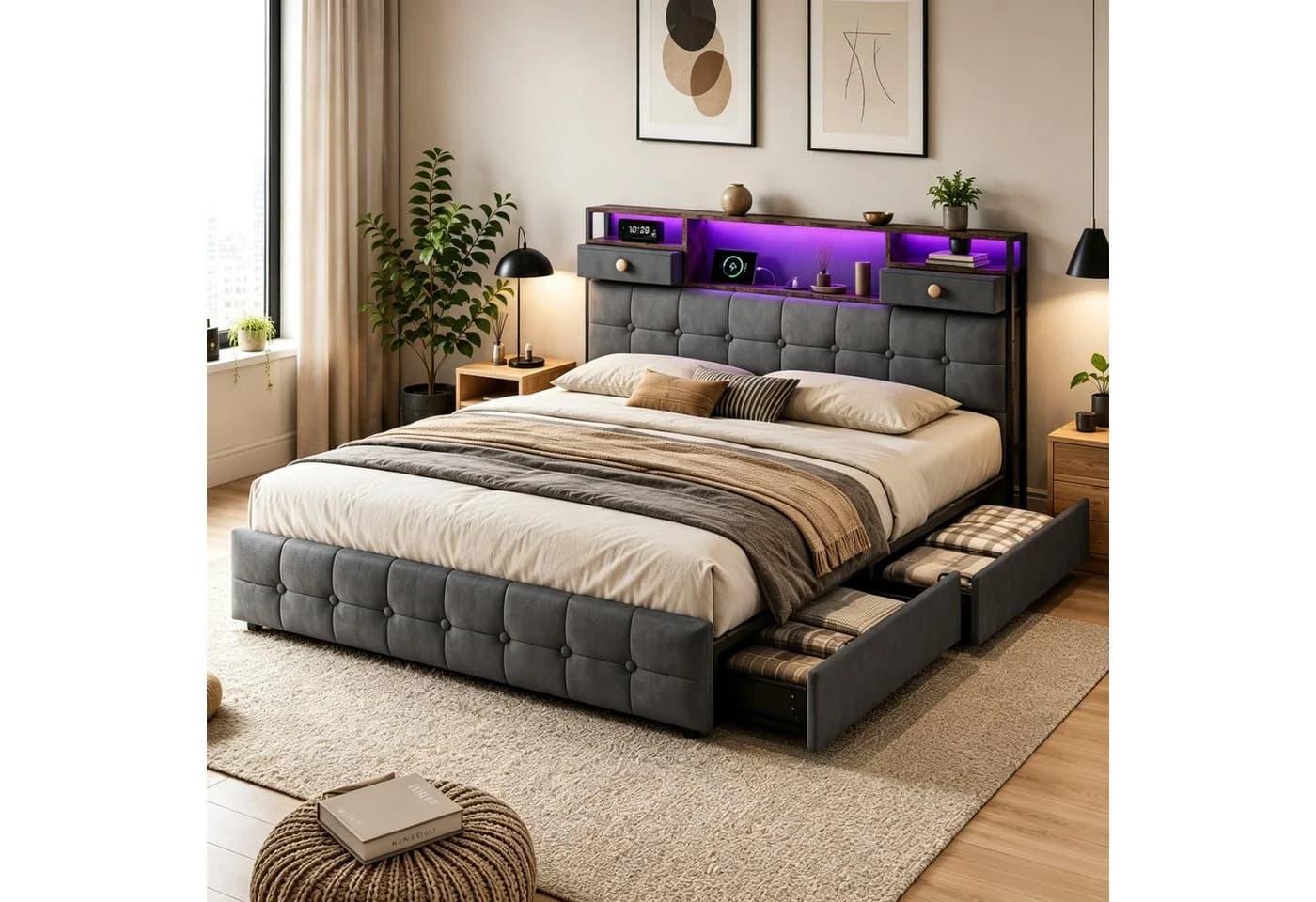 Simurq Polsterbett 140x200 Stauraum mit LED und Schubladen