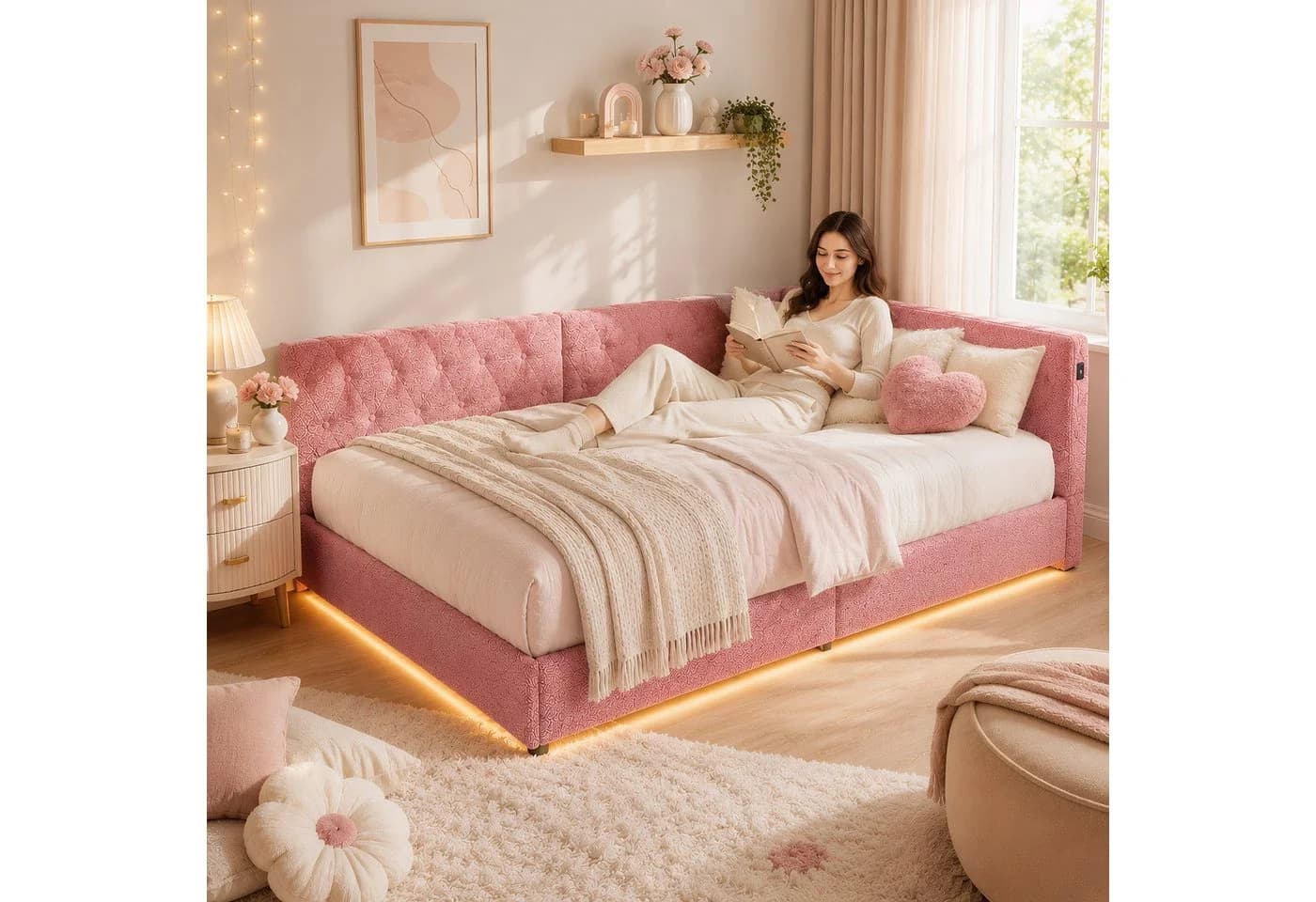 Simurq Polsterbett Daybett Rosa/Beige mit LED & USB