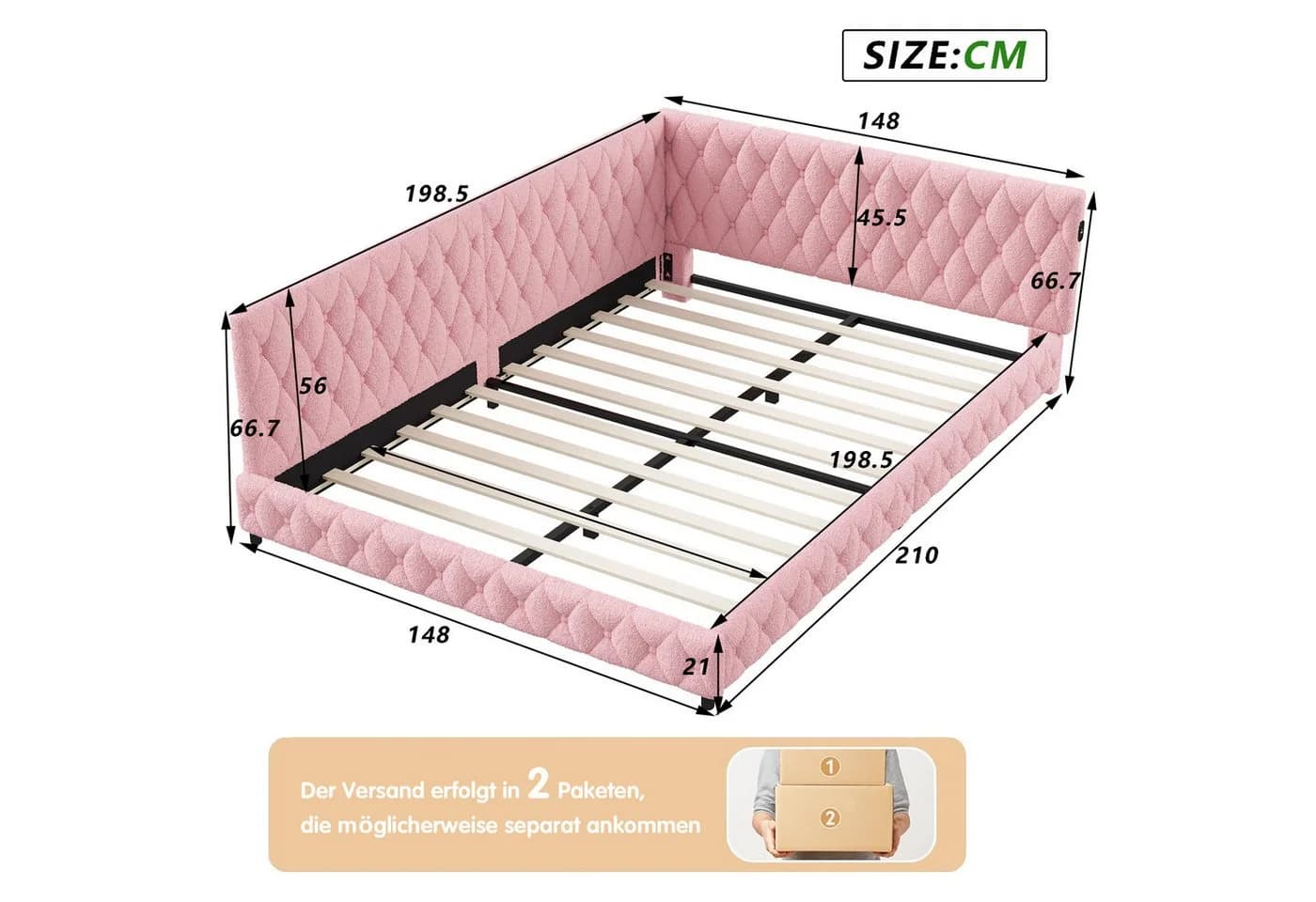 Simurq Polsterbett Daybett Rosa/Beige mit LED & USB - Bild 3