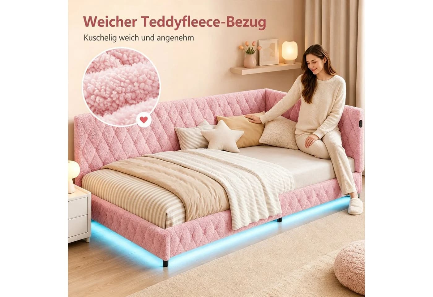 Simurq Polsterbett Daybett Rosa/Beige mit LED & USB - Bild 4