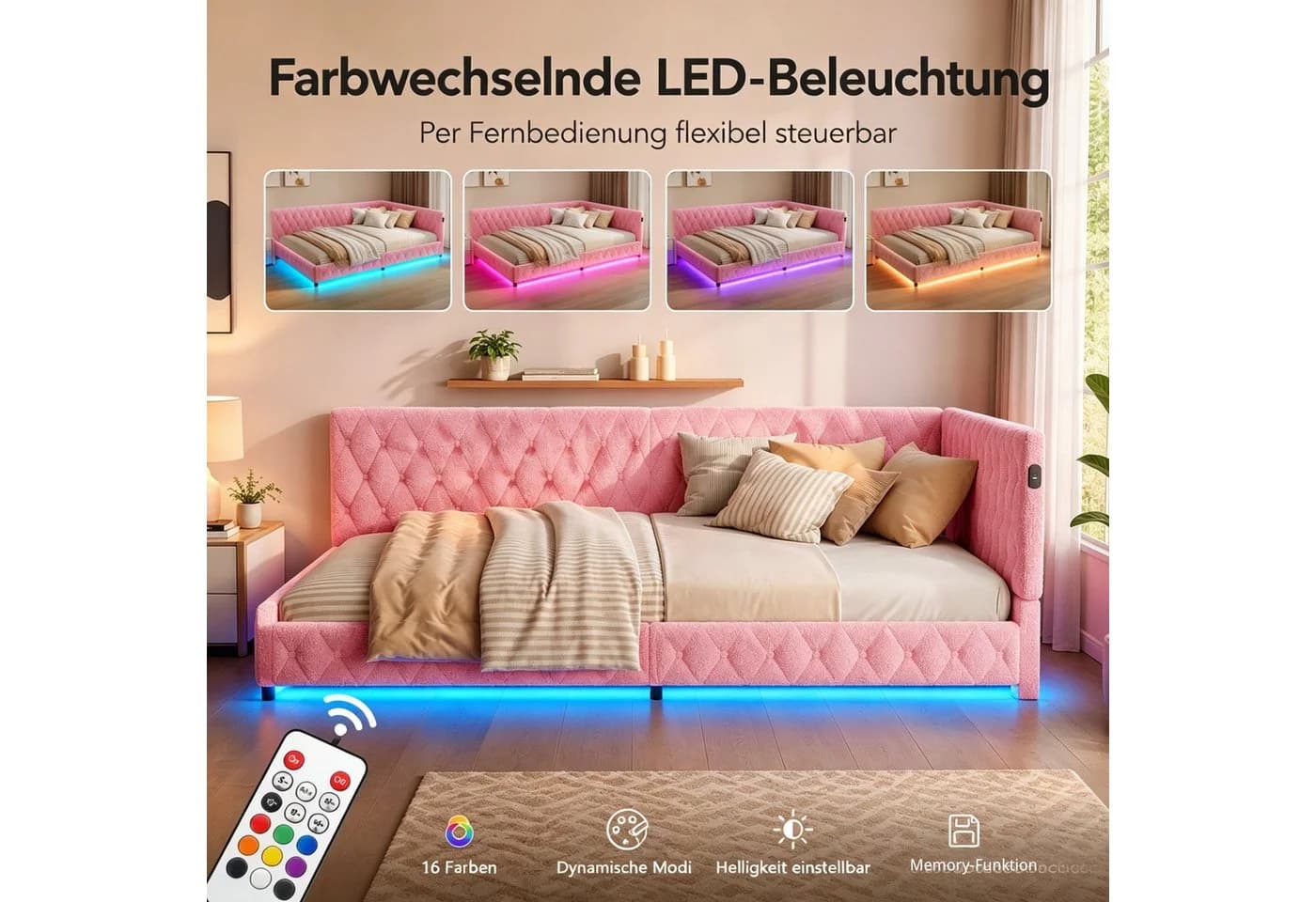 Simurq Polsterbett Daybett Rosa/Beige mit LED & USB - Bild 5