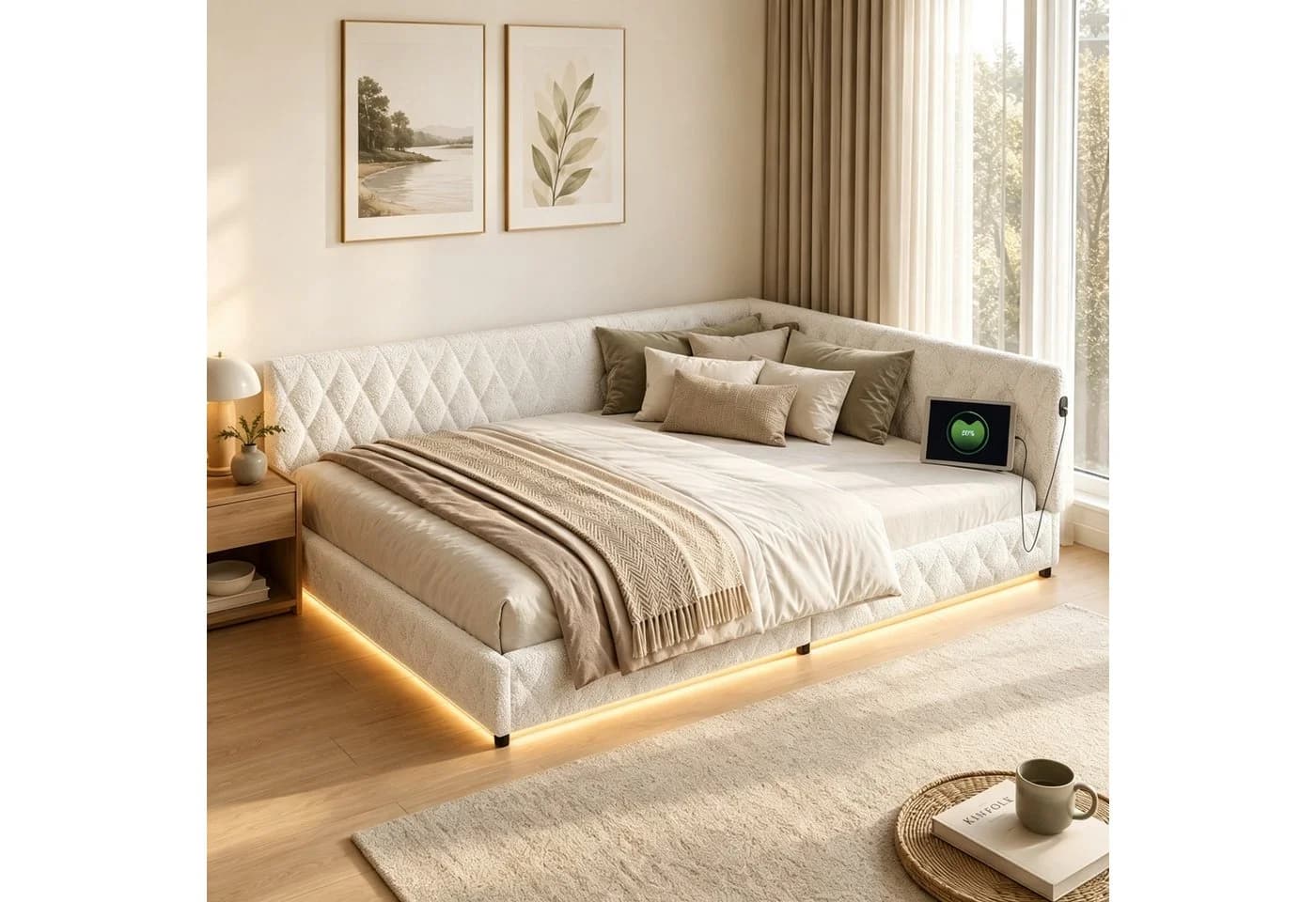 Simurq Polsterbett Daybett mit LED & USB Beige/Rosa