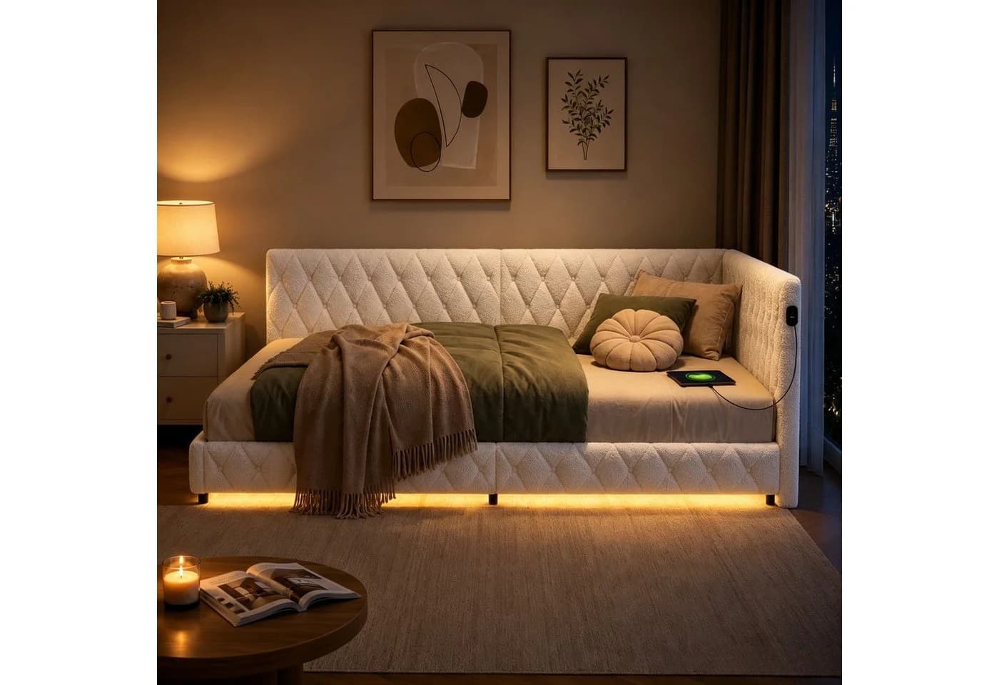 Simurq Polsterbett Daybett mit LED & USB Beige/Rosa - Bild 2