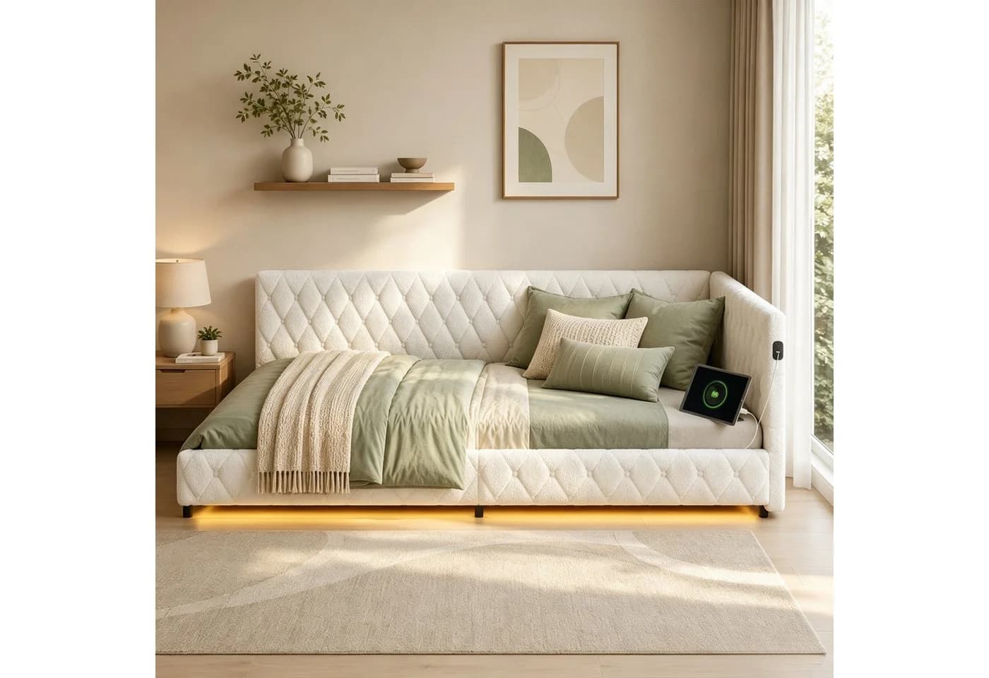 Simurq Polsterbett Daybett mit LED & USB Beige/Rosa - Bild 3