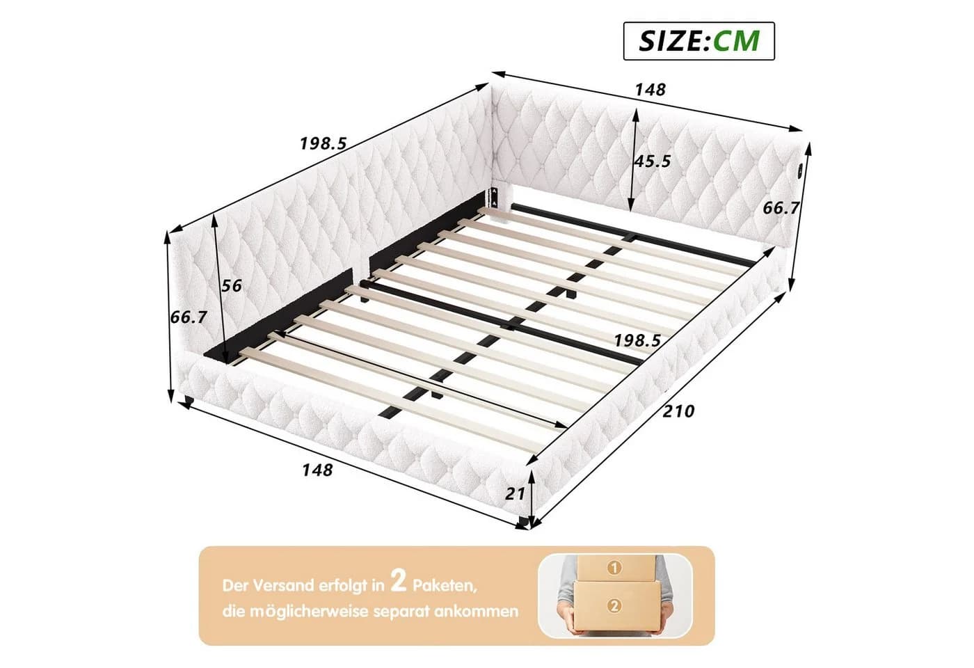 Simurq Polsterbett Daybett mit LED & USB Beige/Rosa - Bild 4