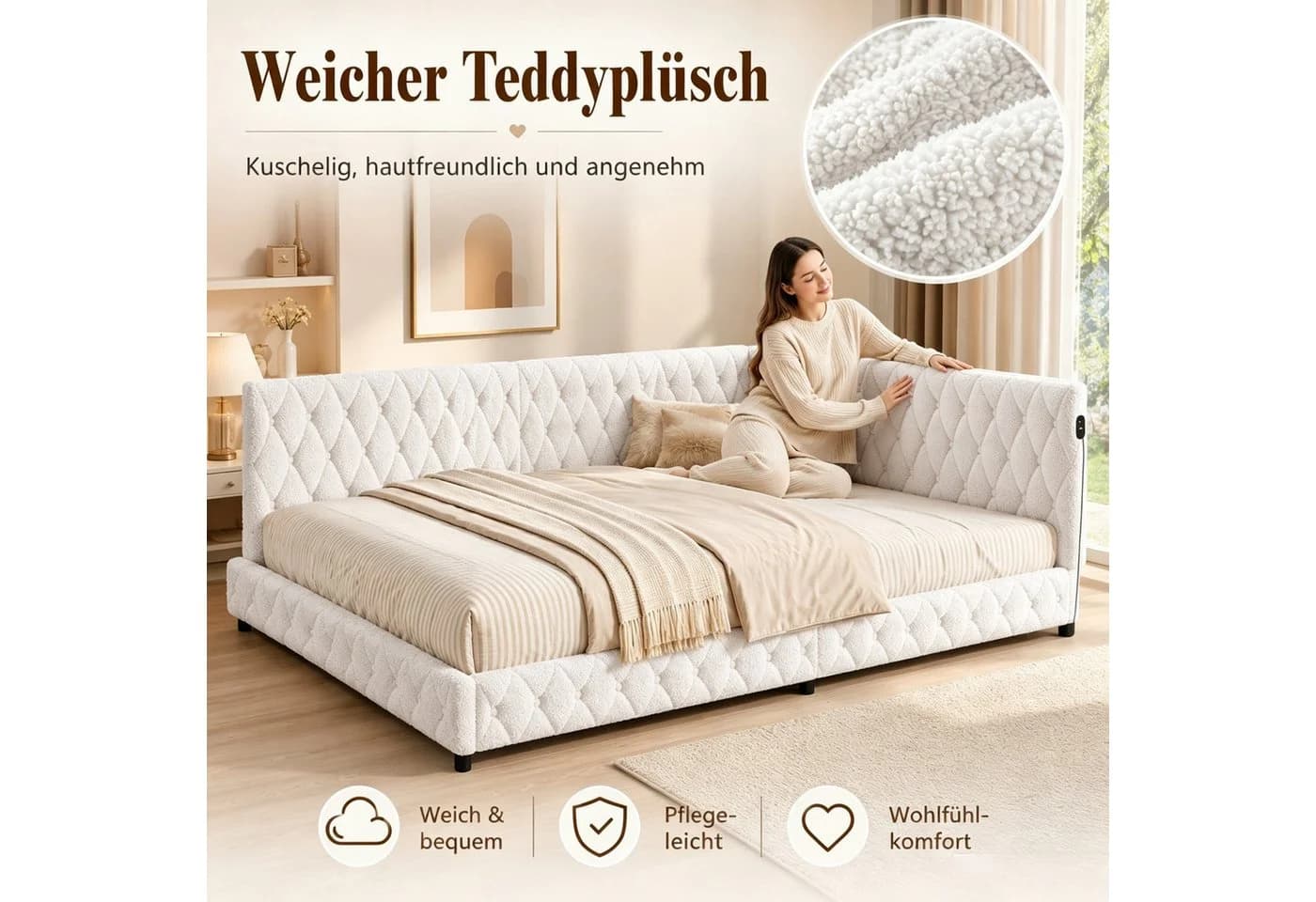Simurq Polsterbett Daybett mit LED & USB Beige/Rosa - Bild 5