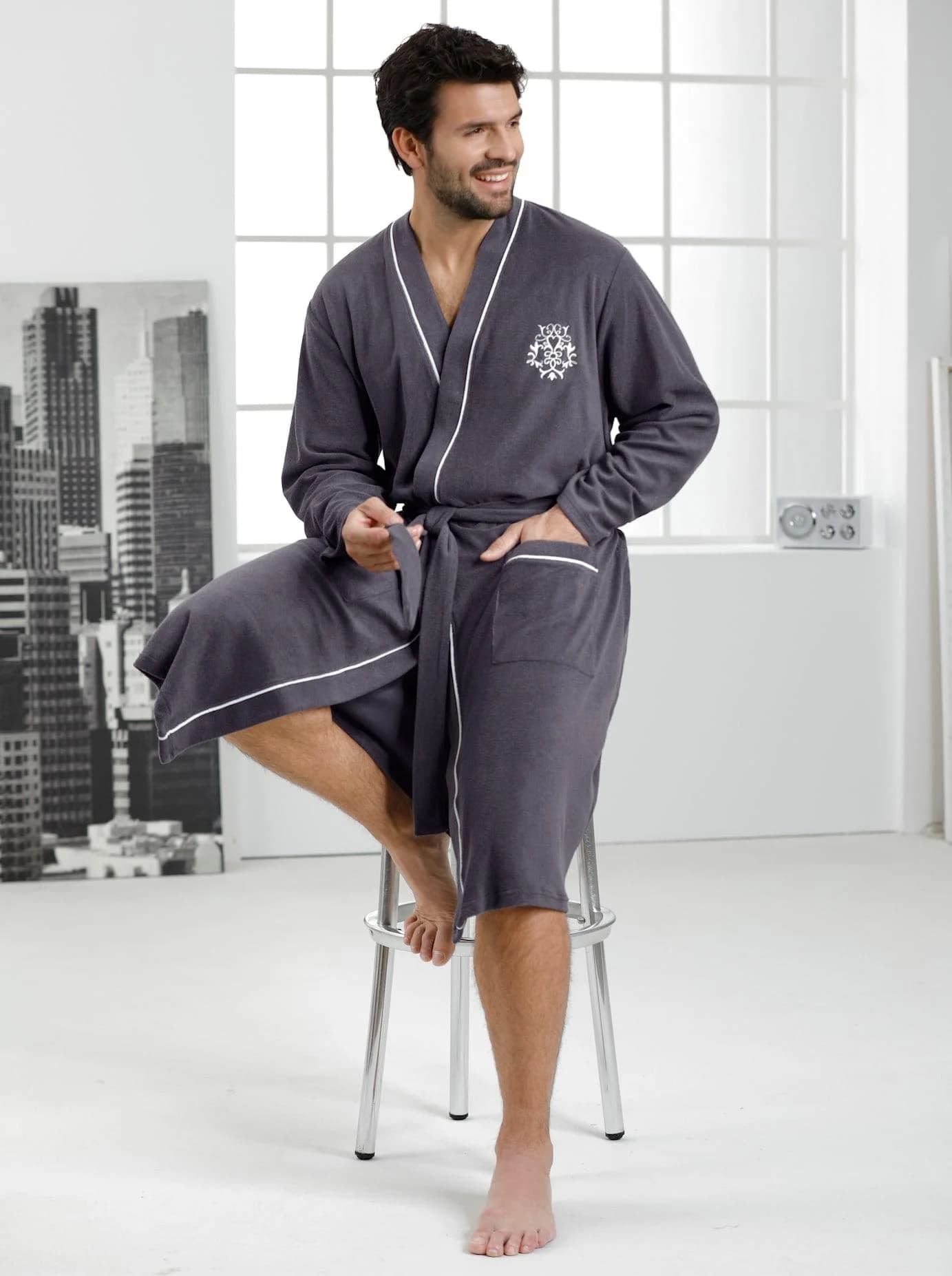 Bademantel FEEL GOOD Gr. 52 grau Kimonoform Baumwoll-Mix