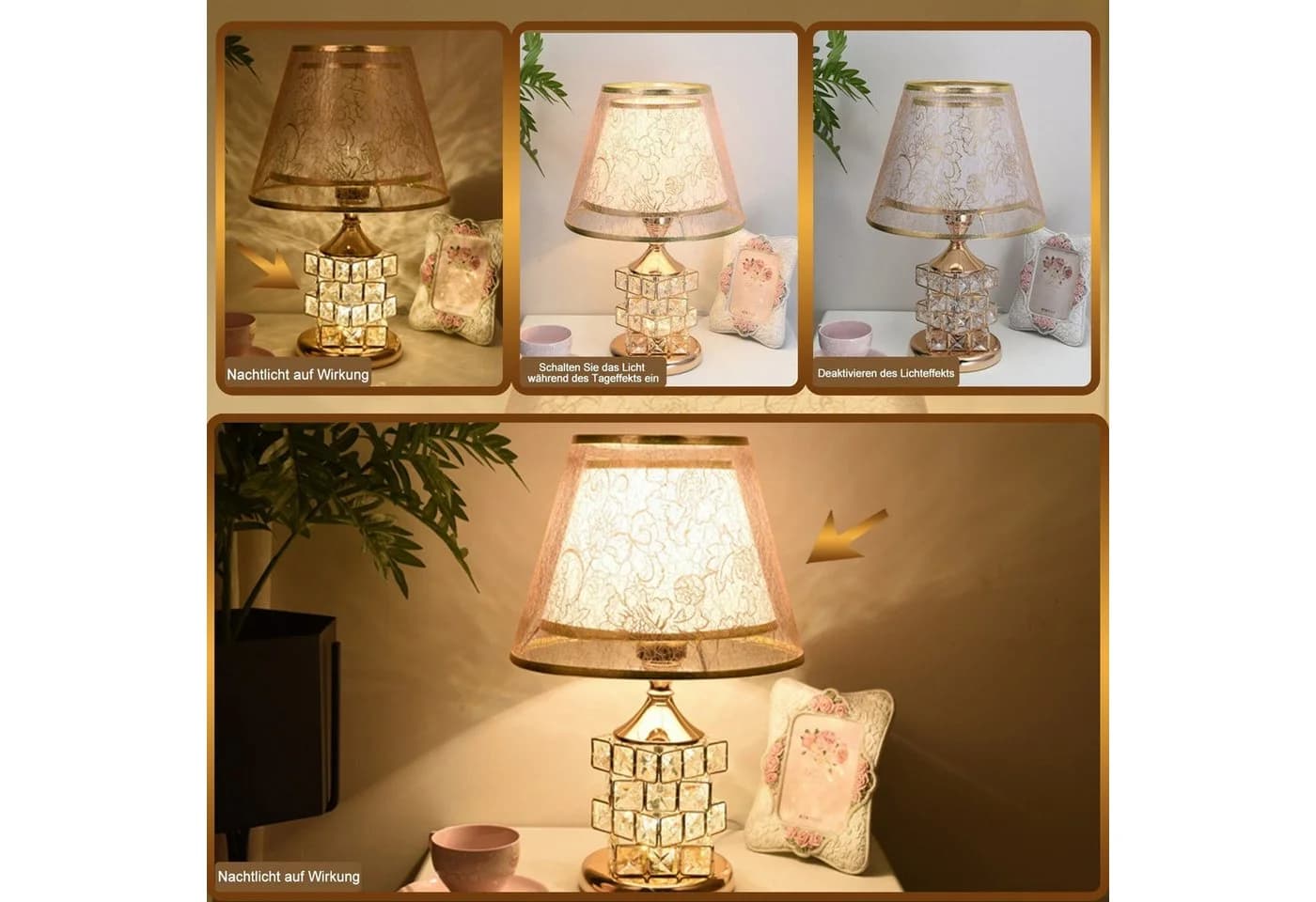 ibettertec Kristall Tischlampe Gold Vintage mit Stoffschirm