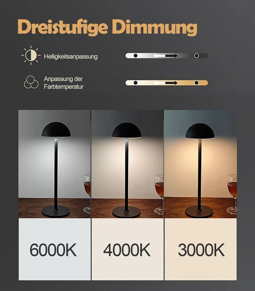 ibettertec Nachttischlampe Kabellos Dimmbar IP54 Schwarz/Weiß