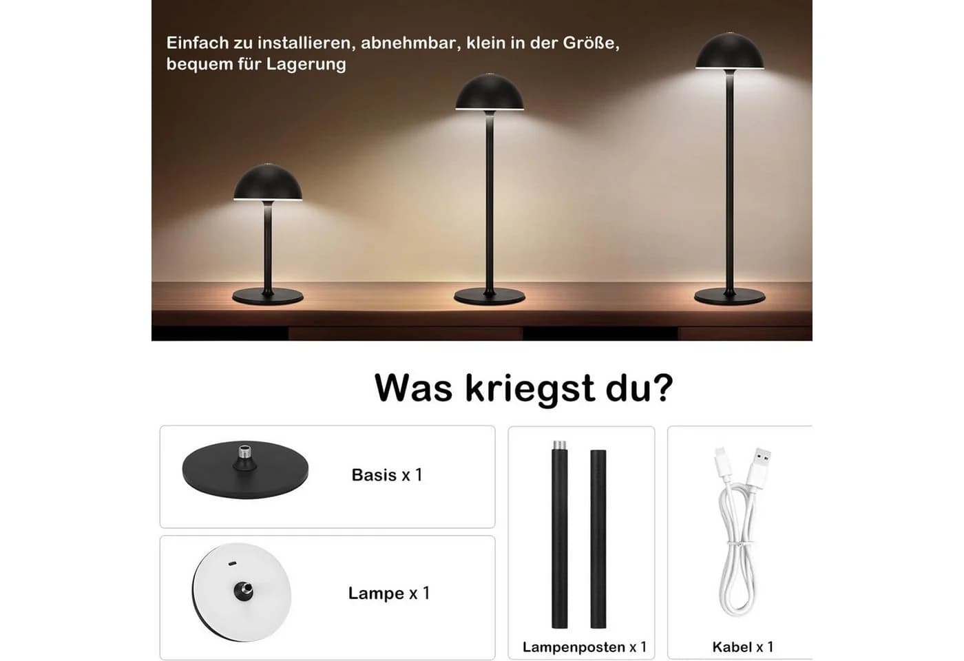 ibettertec Nachttischlampe Kabellos Dimmbar IP54 Schwarz/Weiß - Bild 3