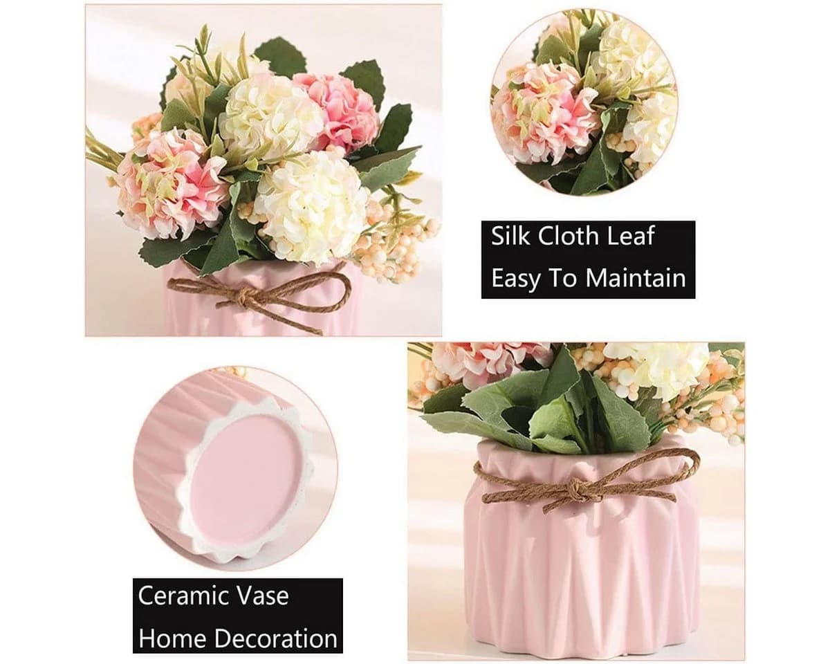 ibettertec Künstliche Hortensie mit Keramikvase Rosa - Bild 4