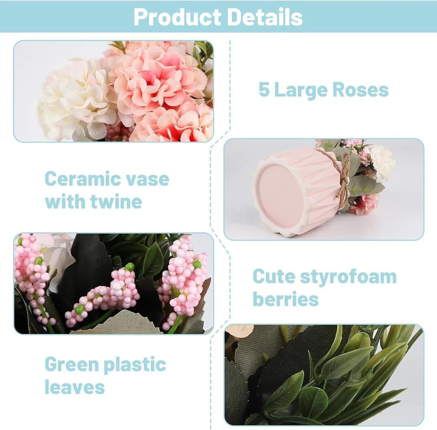 ibettertec Künstliche Hortensie mit Keramikvase Rosa - Bild 5