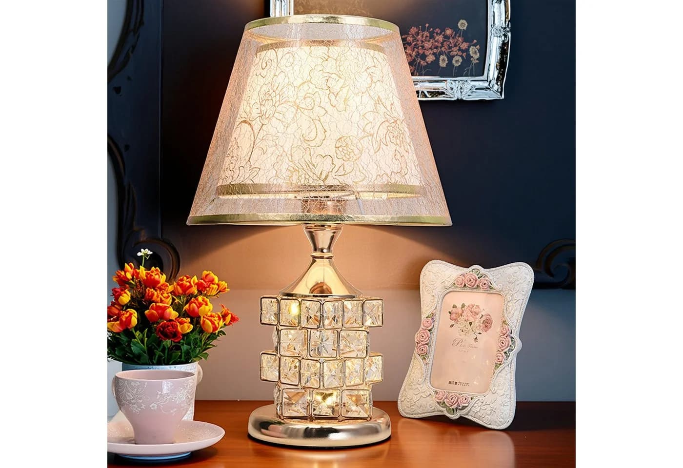 Luckice LED Nachttischlampe Gold Vintage Kristallbasis