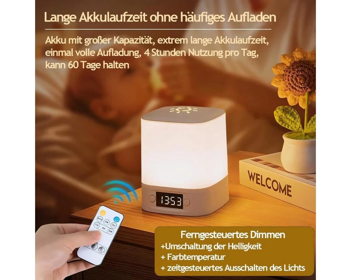 Luckice LED Nachttischlampe Weiss Touch Fernbedienung Uhranzeige