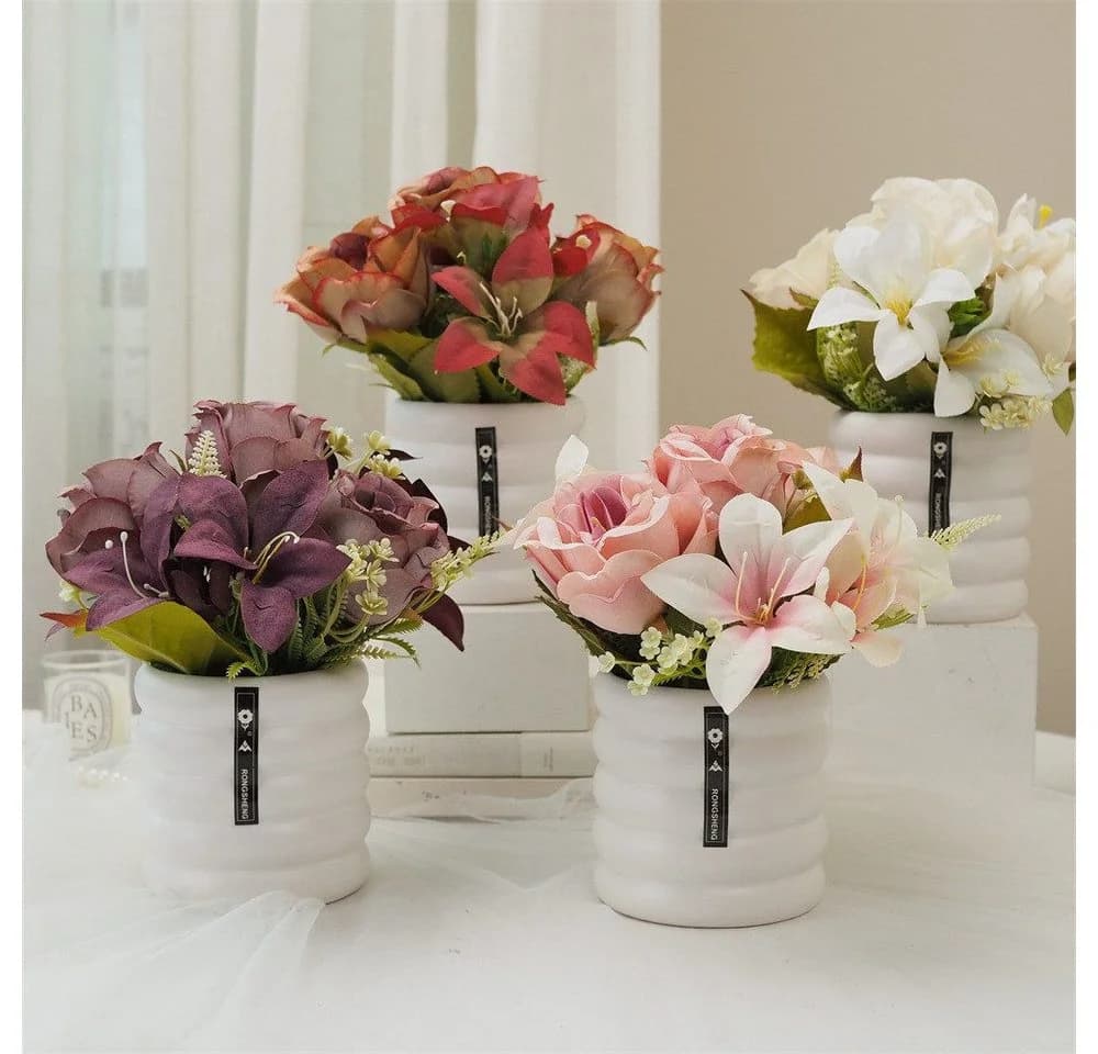 Kunstblumenstrauß Seidenblumen mit Keramikvase