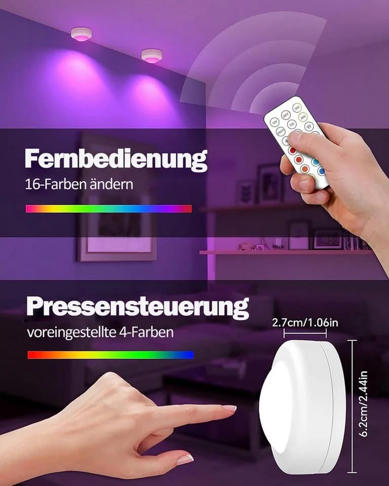 Luckice Unterschrankleuchte 3 Stück Batteriebetrieben LED RGB Spots mit Fernbedienung