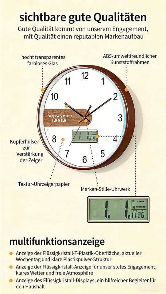 ibettertec Wanduhr Leise Analog Digital Roségold 12 Zoll - Bild 3