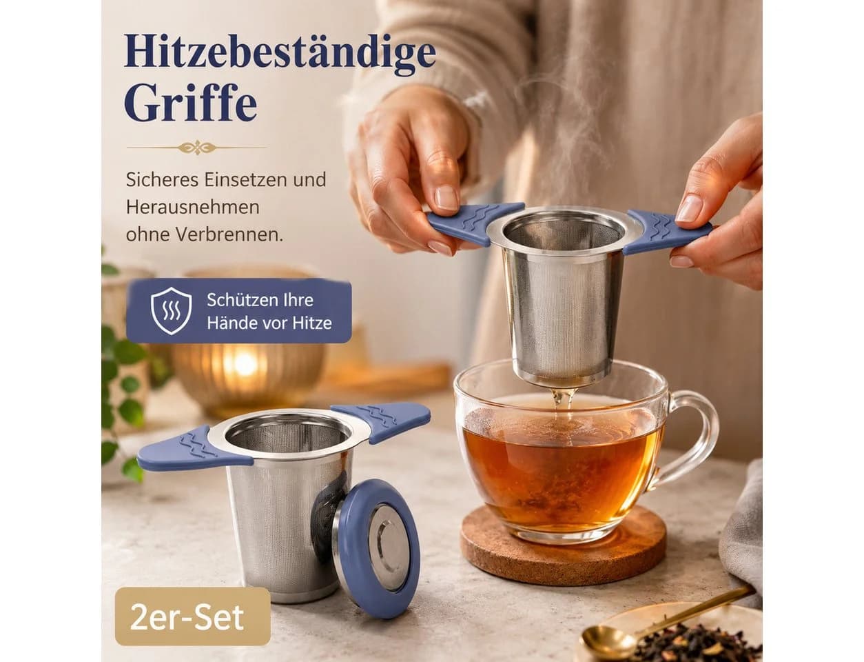 Vornix Teesieb 2er-Set Edelstahl mit Silikongriffen Blau - Bild 3
