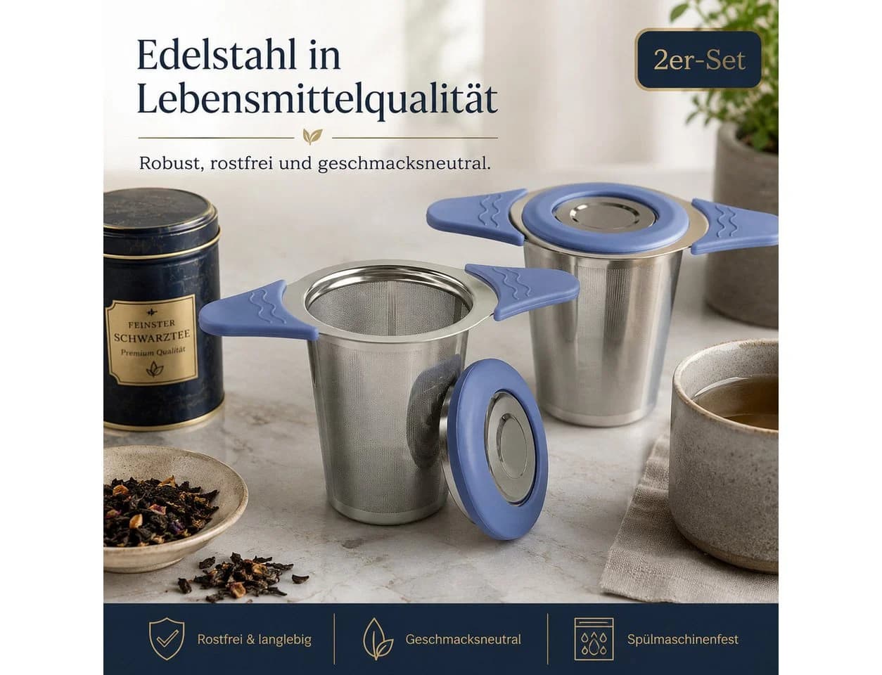 Vornix Teesieb 2er-Set Edelstahl mit Silikongriffen Blau - Bild 4