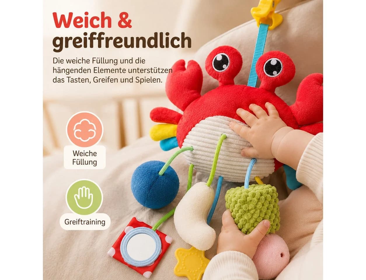 Luckice Mobile Krabben-Babyspielzeug Rot mit Clip, Rassel & Beißring - Bild 3