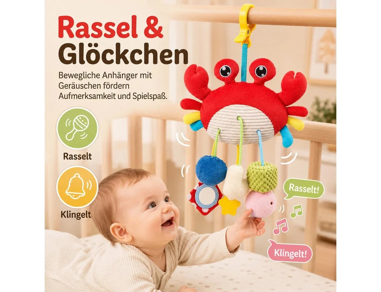 Luckice Mobile Krabben-Babyspielzeug Rot mit Clip, Rassel & Beißring - Bild 4