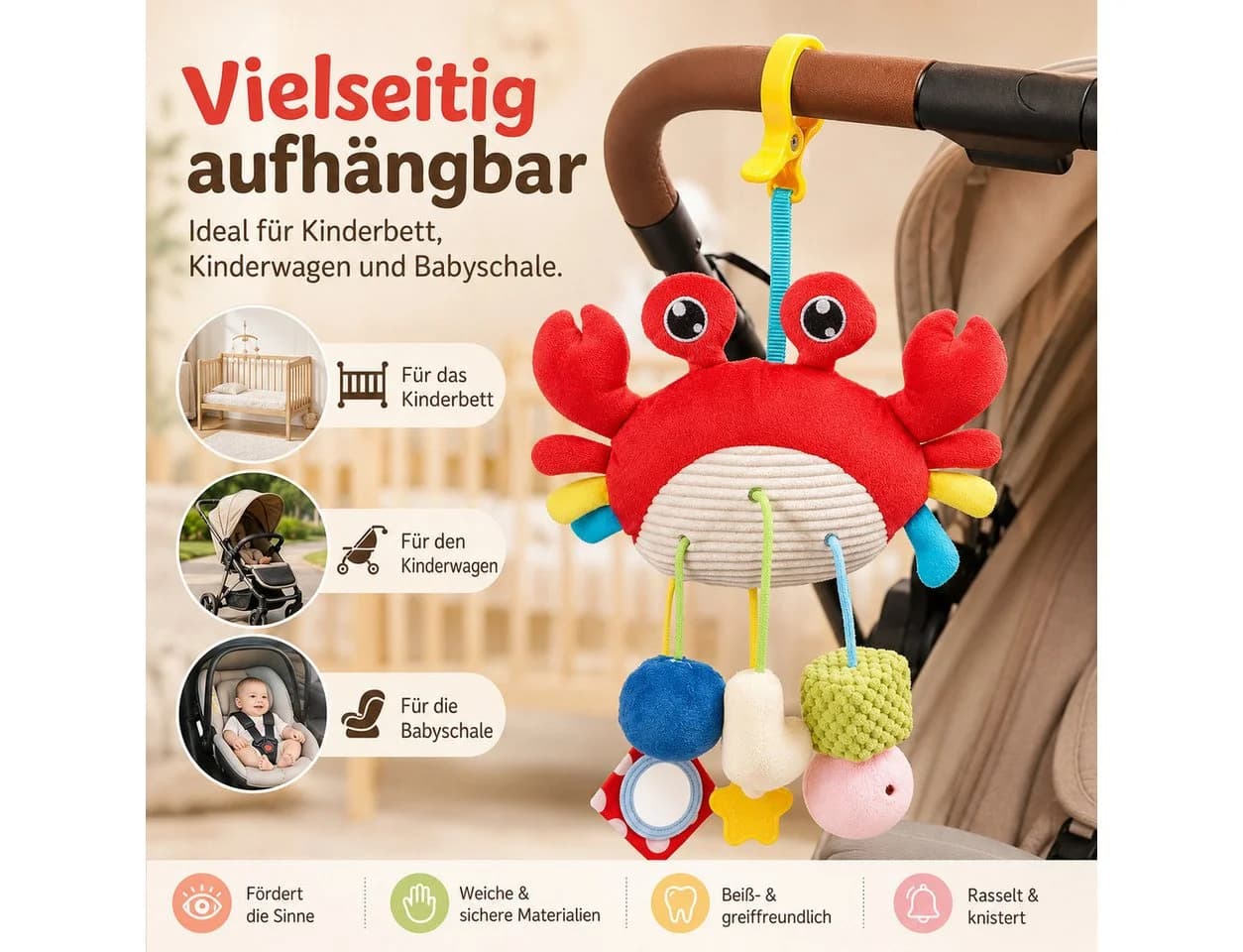Luckice Mobile Krabben-Babyspielzeug Rot mit Clip, Rassel & Beißring - Bild 5