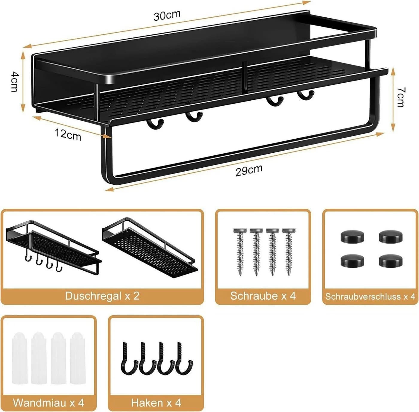 Fyrove Duschregal Schwarz 2er Set Aluminium mit Haken - Bild 5