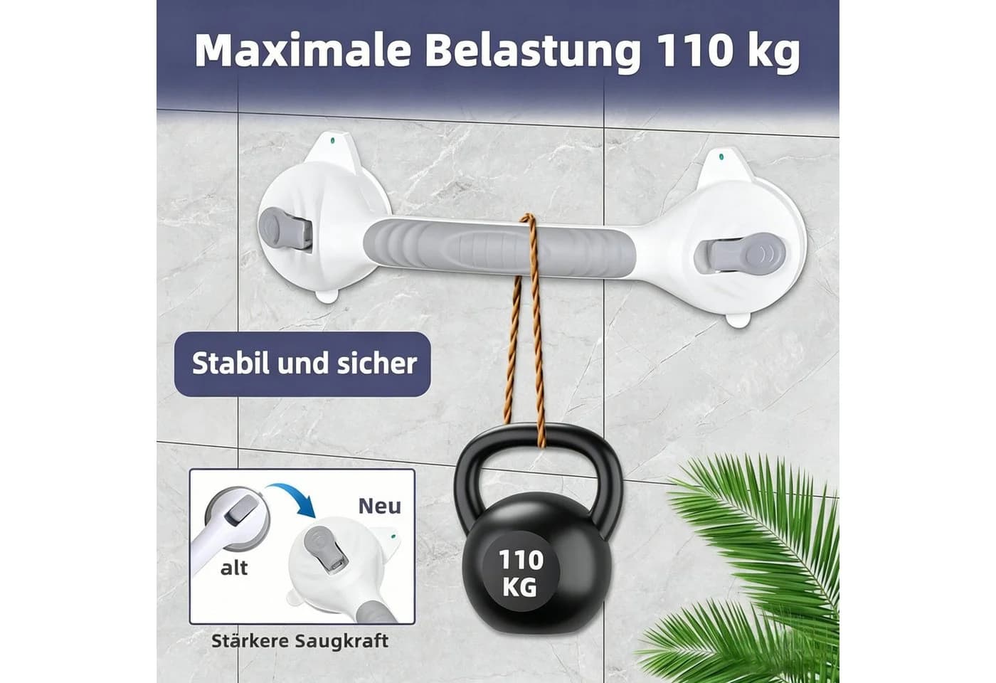 ibettertec Duschgriff mit Saugnapf Grau