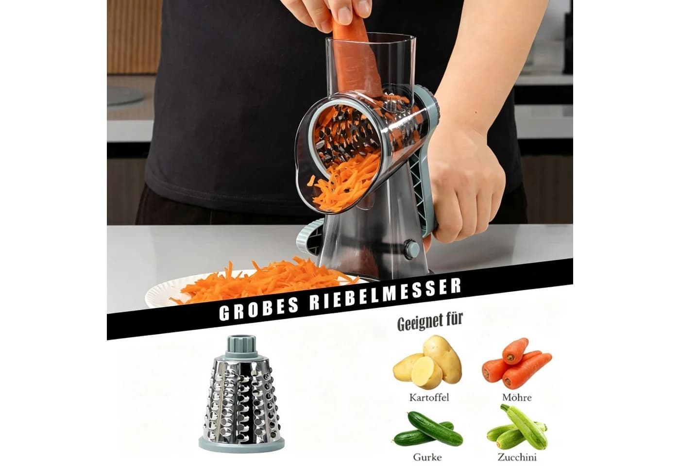 ibettertec Trommelreibe 3-in-1 mit Edelstahlklingen und Saugnapf, Grau - Bild 3
