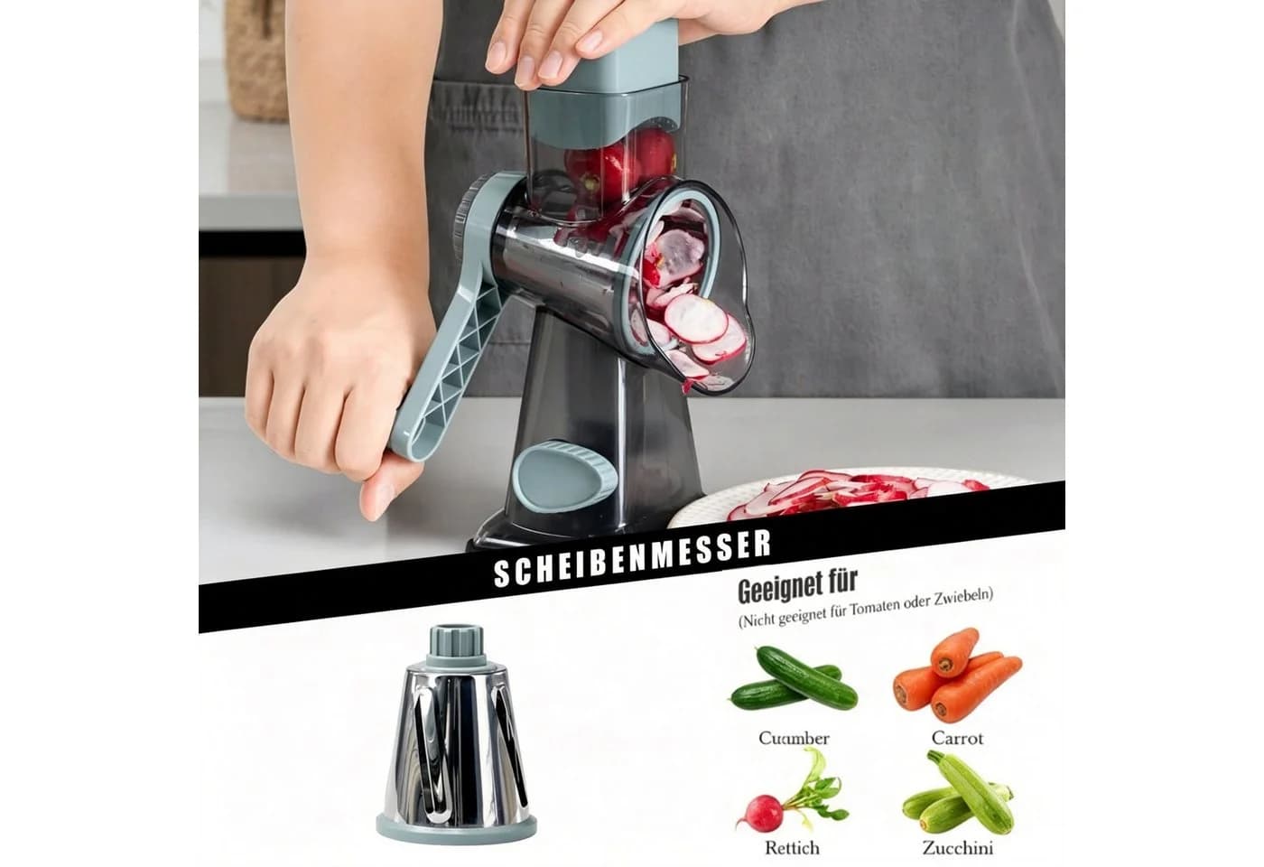 ibettertec Trommelreibe 3-in-1 mit Edelstahlklingen und Saugnapf, Grau - Bild 4