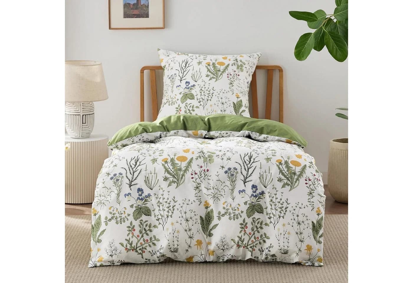 ibettertec Wendebettwäsche Set Salbeigrün Blumen Mikrofaser mit Reißverschluss - Bild 2
