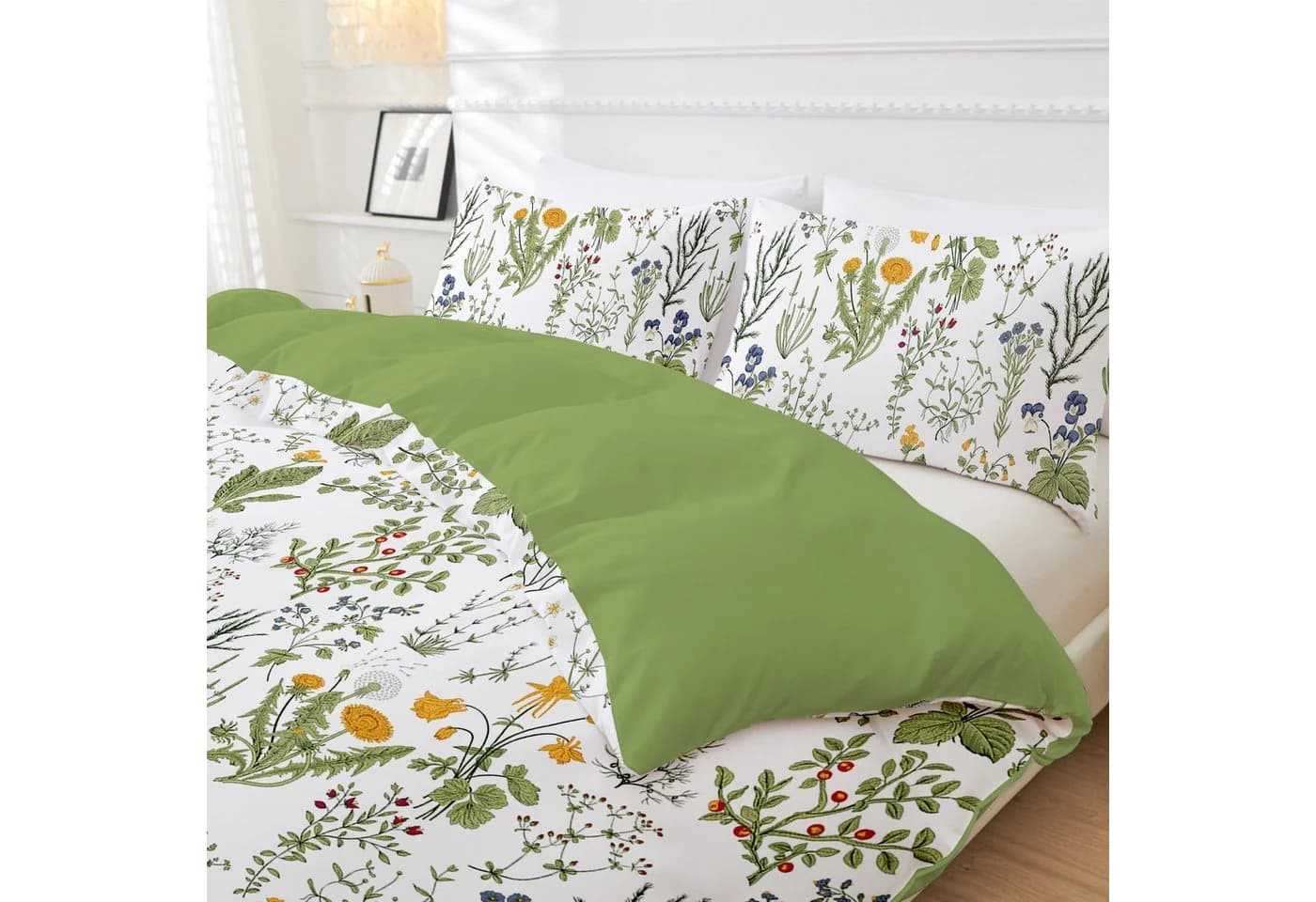 ibettertec Wendebettwäsche Set Salbeigrün Blumen Mikrofaser mit Reißverschluss - Bild 5
