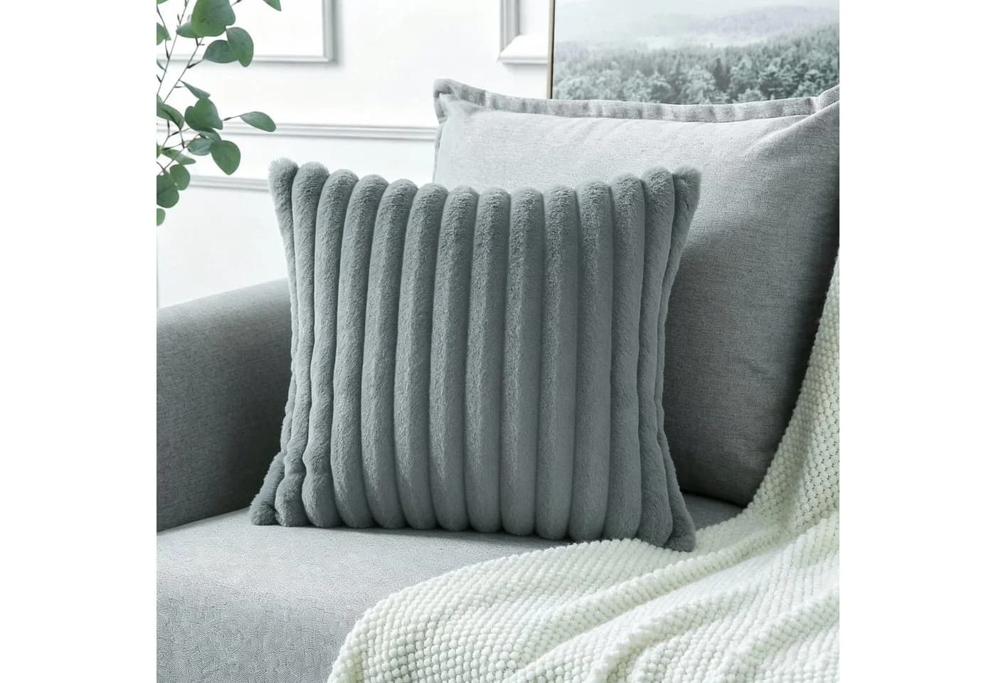 wohnTRAUM24 Kissenbezug Plüsch Grau mit Streifendesign - Bild 4